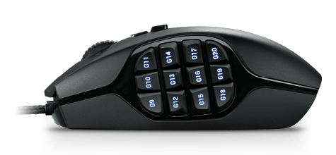 Logitech G600 Gaming Mouse Side View, Side Keys, in Black