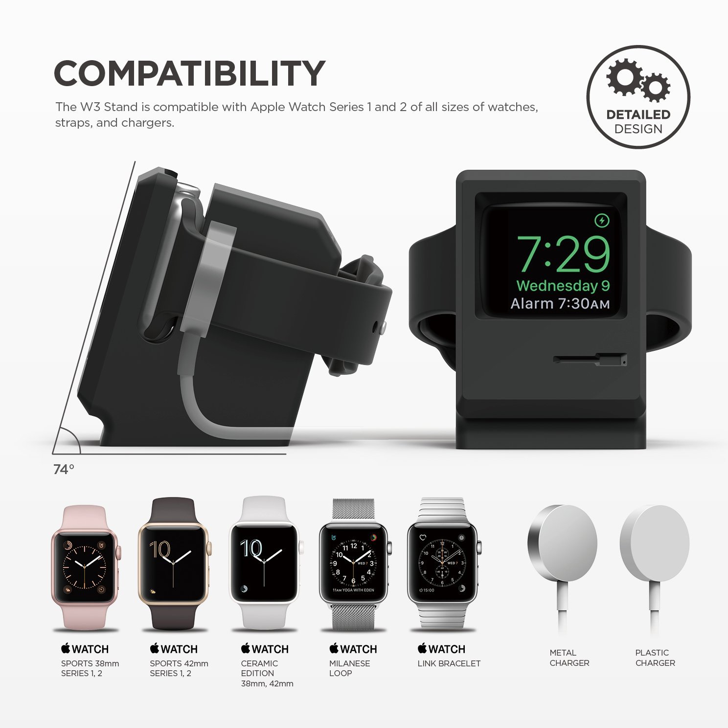 The Elago W3 Stand for Apple Watch is the perfect nightstand for your Apple Watch. The stand gives your Apple Watch the appearance of a classic 1984 Macintosh computer, but in Miniature. The perfect Apple Watch charger and bedside alarm clock in one!